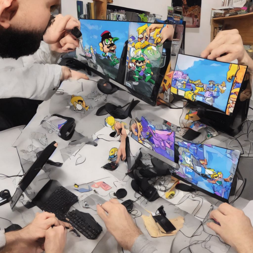 A surreal colour image featuring many mishapen hands, a side on view of a beard, and distorted images of computer monitors on a desk. Many of the picture elements invoke nintendo character vibes, in particular Wario.